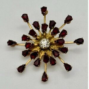 Vintage Starburst Brooch or Pendant With Faceted Prong Set Faux Garnets Unmarked
